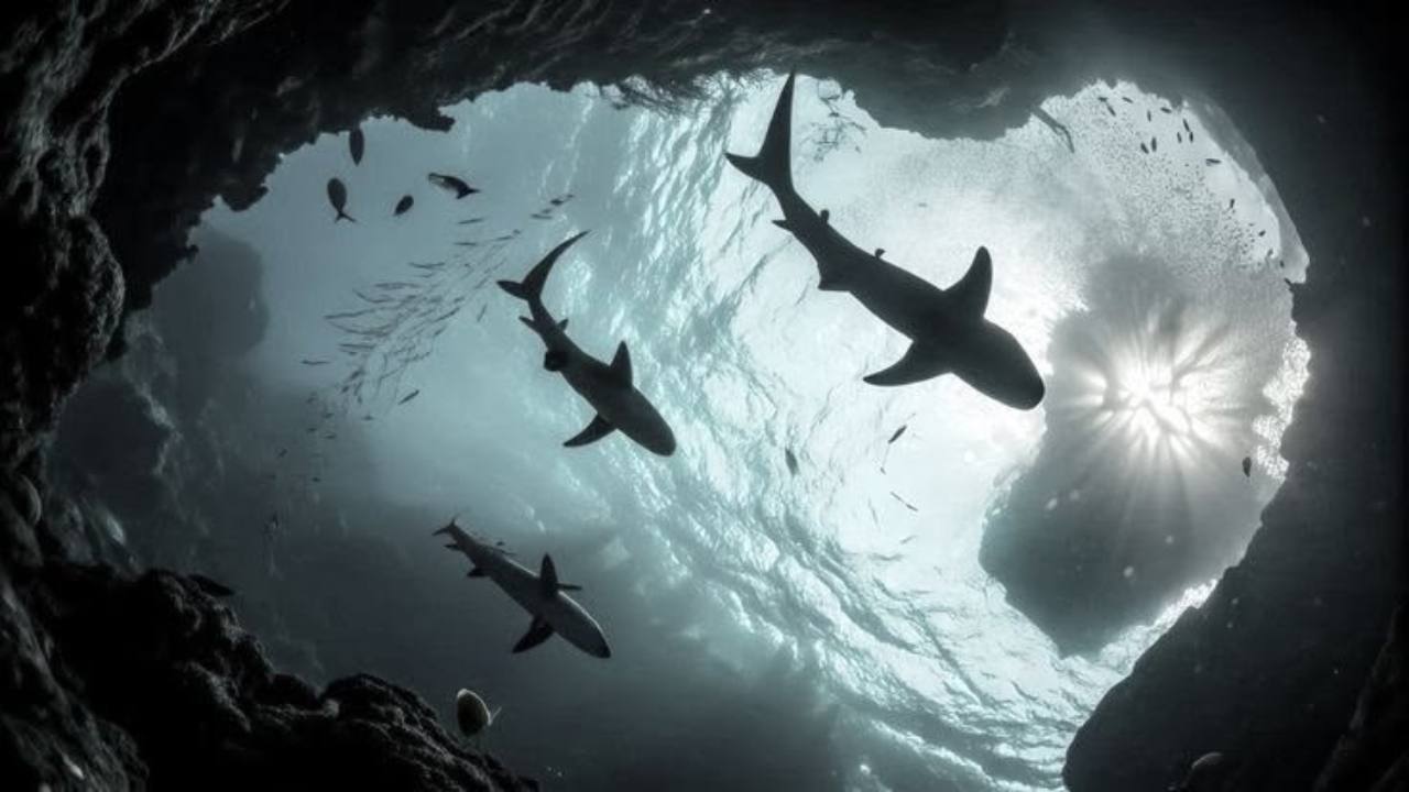 Sharks swimming overhead in a sunlit underwater cave